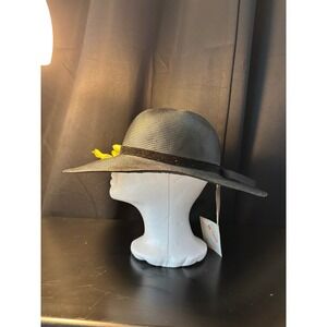 Vintage Betmar New York Black Wide Brim Sun Hat Yellow Floral Velvet Ribbon NWT